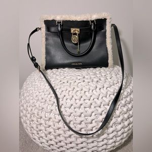 Michael Kors Hamilton Leather Shearling Fur Trimmed Black Bag With Lock & Key